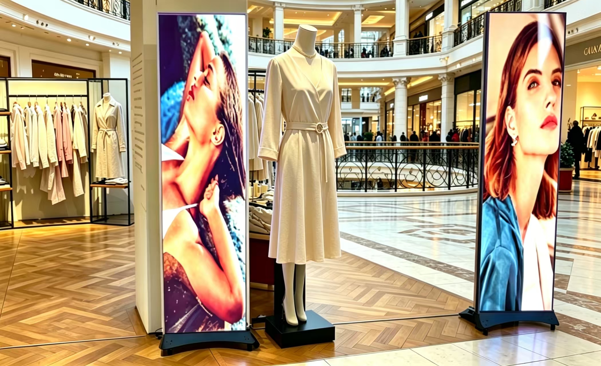 Freestanding LED poster displays flanking a mannequin in a shopping mall